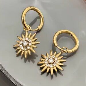 Sunburst 18K Gold Stainless Steel Hoop Earrings